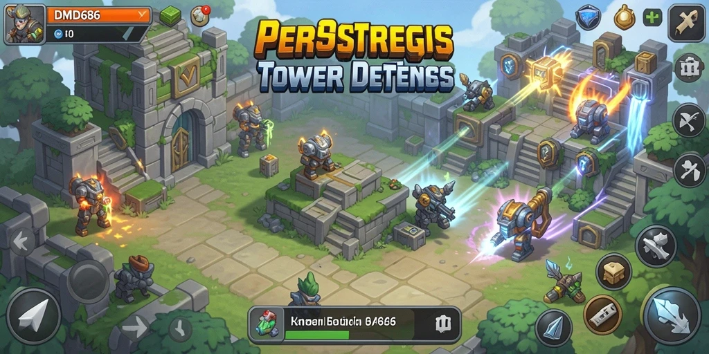 Screenshot gameplay DMD686 yang menunjukkan pertahanan menara yang strategis.