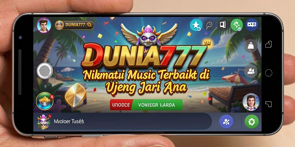 Tampilan gameplay DUNIA777 yang menampilkan fitur karaoke dan playlist.