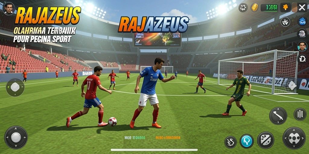 Screenshot menunjukkan pertandingan seru di RAJAZEUS dengan aksi olahraga dinamis.