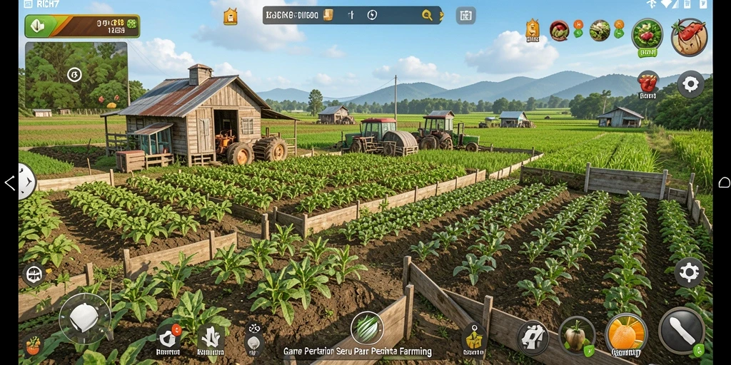 Tampilan gameplay RICH7 yang menarik dengan elemen pertanian.