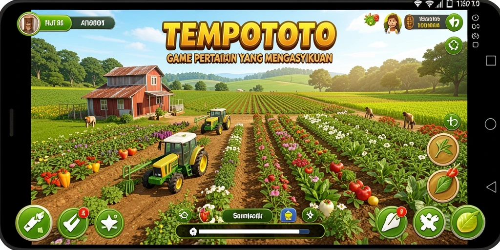 Tampilan gameplay TEMPOTOTO dengan suasana kebun yang indah.