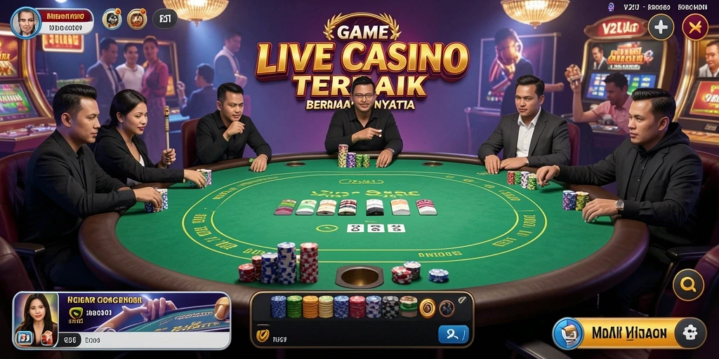 Screenshot gameplay V21 menampilkan dealer professional dan suasana kasino yang meriah.