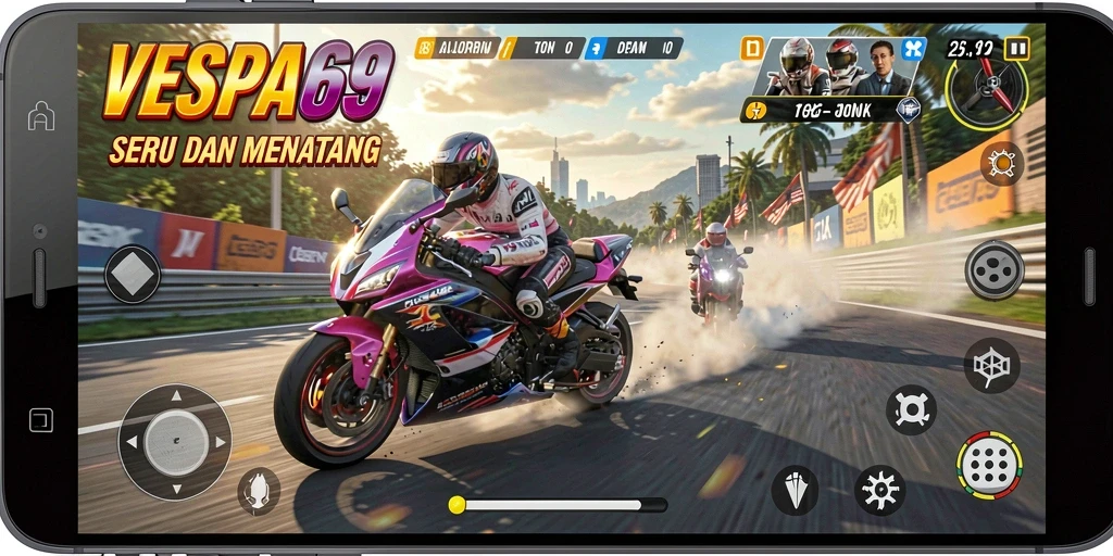 Gameplay VESPA69 menampilkan balapan motor yang cepat dan seru.